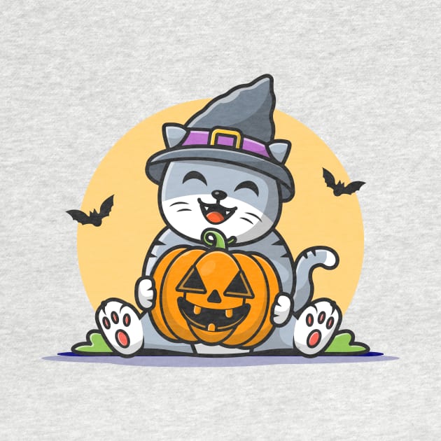 Cute Witch Cat Hug Pumpkin Halloween Cartoon Vector Icon Illustration by Catalyst Labs